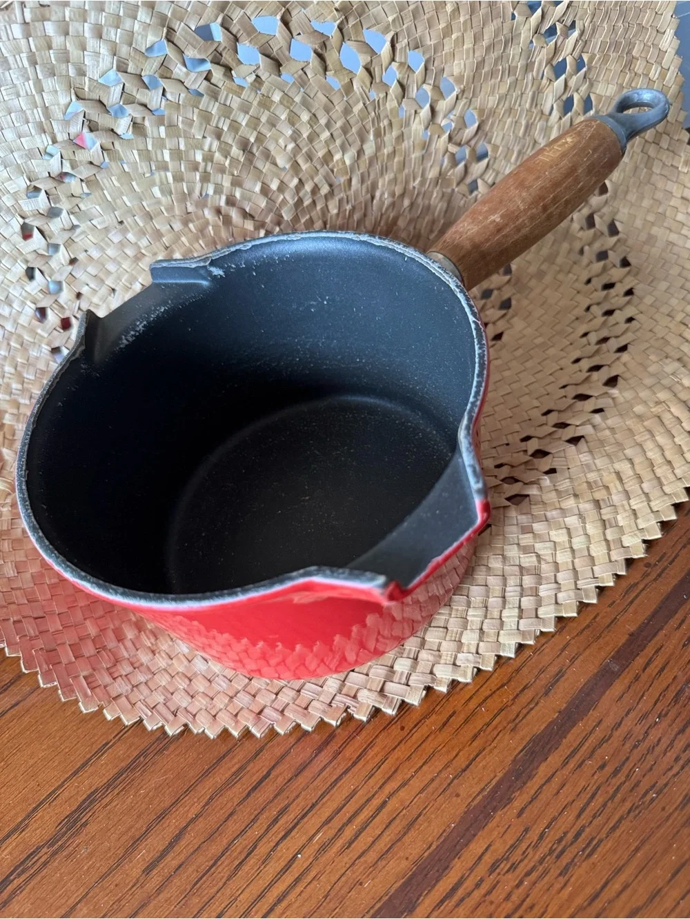 Vintage Le Creuset Castoflon Enameled Cast Iron Saucepan #16 Red Pour Spouts